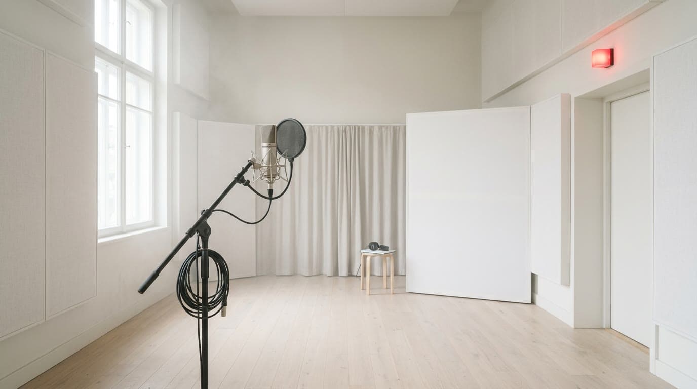 Estudio de grabación vacío y lleno de luz con un micrófono esperando