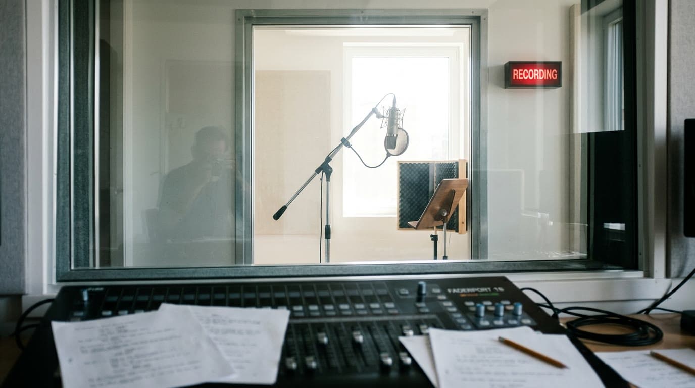 Blick durch die Regie-Scheibe in die lichtdurchflutete Aufnahmekabine