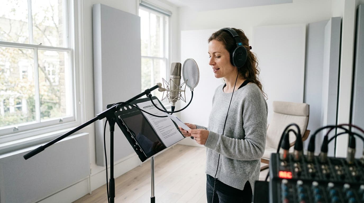 Sprecherin am Grossmembran-Mikrofon im lichtdurchfluteten Studio von World Wide Voices