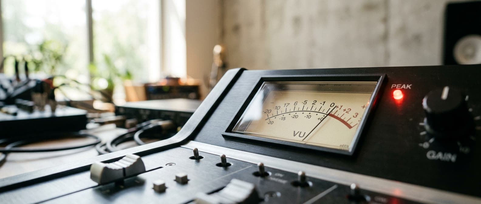 VU-meter analogico sul mixer — simbolo di condizioni trasparenti e misurabili